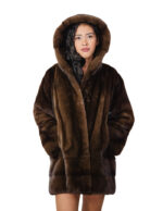 Cappotto cappuccio pelliccia visone 50 verticale e orizzontale demi marrone manica lunga tasche esterne