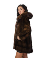 Cappotto cappuccio pelliccia visone 50 verticale e orizzontale demi marrone manica lunga tasche esterne - immagine 2