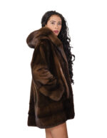 Cappotto cappuccio pelliccia visone 50 verticale e orizzontale demi marrone manica lunga tasche esterne - immagine 3