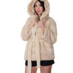 Cappotto 72 centimetri visone orizzontale beige 44 cappuccio cintura esterna in pelliccia manica lunga chiusura ganci