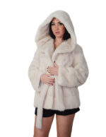 Cappotto 70 centimetri visone orizzontale panna 44 cappuccio con collo sciallato cintura esterna in pelliccia manica lunga chiusura ganci