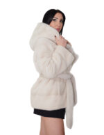 Cappotto 70 centimetri visone orizzontale panna 44 cappuccio con collo sciallato cintura esterna in pelliccia manica lunga chiusura ganci - immagine 3