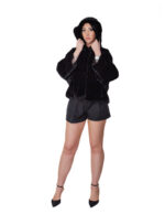 Nerzpelz-Cape-Jacke mit V-Ausschnitt, 60 cm lang, Größe 48-56, schwarze, pelzgefütterte Kapuze – Bild 4