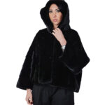 Giaccone mantella visone pelliccia lavoro a V 60 centimetri taglia 48-56 nero cappuccio foderato pelliccia