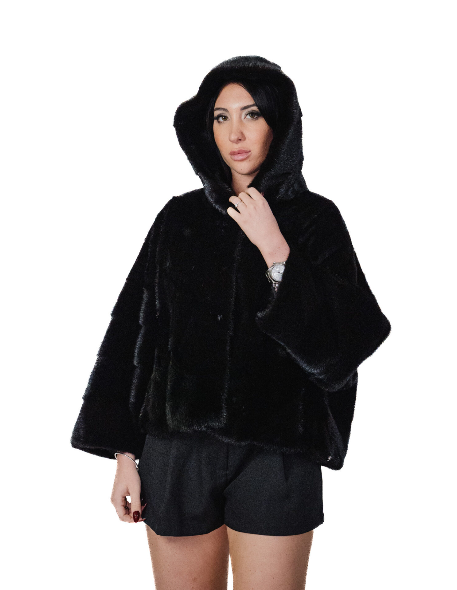 InModa Ott2025 856 Nerzpelz-Cape-Jacke mit V-Ausschnitt, 60 cm lang, Größe 48-56, schwarze, pelzgefütterte Kapuze – Bild 1