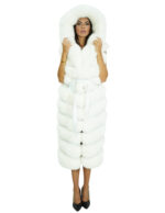 Gilet bianco 46 in volpe con lavorazione orizzontale lungo 122 centimetri con cappuccio e chiusura con ganci interni cinta in vita - immagine 4