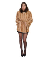 Giacca in visone beige con cappuccio bordato volpe marrone 48 cintura in pelliccia esterna manica lunga - immagine 4