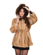 Giacca in visone beige con cappuccio bordato volpe marrone 48 cintura in pelliccia esterna manica lunga