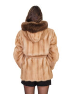 Giacca in visone beige con cappuccio bordato volpe marrone 48 cintura in pelliccia esterna manica lunga - immagine 5