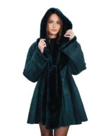 Montone giaccone verde 44 con cappuccio staccato a stola manica lunga modello a campana pelliccia dentro pelle fuori