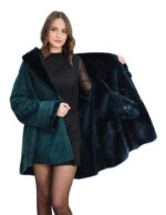 Montone giaccone verde 44 con cappuccio staccato a stola manica lunga modello a campana pelliccia dentro pelle fuori - immagine 7