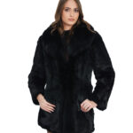 Cappotto in pelliccia di lapin lunga nero 42 chiusura ganci manica lunga lucido lungo 76 centimetri