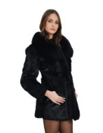Cappotto in pelliccia di lapin lunga nero 42 chiusura ganci manica lunga lucido lungo 76 centimetri - immagine 2