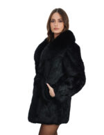 Cappotto in pelliccia di lapin lunga nero 42 chiusura ganci manica lunga lucido lungo 76 centimetri - immagine 3