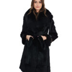 Cappotto nero piumino in rex con collo e polsi in volpe 44 nero maniche con fibbie in pelle ai polsi