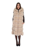 Gilet lungo 112 cm pelliccia di volpe argentata beige ecru 50 con cappuccio zip e pelle scamosciata - immagine 4