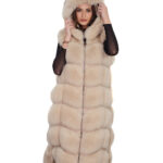 Gilet lungo 112 cm pelliccia di volpe argentata beige ecru 50 con cappuccio zip e pelle scamosciata