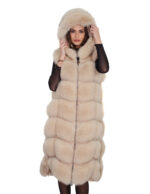 Gilet lungo 112 cm pelliccia di volpe argentata beige ecru 50 con cappuccio zip e pelle scamosciata