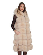 Gilet lungo 112 cm pelliccia di volpe argentata beige ecru 50 con cappuccio zip e pelle scamosciata - immagine 2