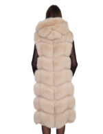 Gilet lungo 112 cm pelliccia di volpe argentata beige ecru 50 con cappuccio zip e pelle scamosciata - immagine 5
