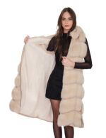 Gilet lungo 112 cm pelliccia di volpe argentata beige ecru 50 con cappuccio zip e pelle scamosciata - immagine 6
