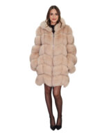 Cappotto manica lunga pelliccia volpe cappuccio 44 beige ecru lavorazione a V lungo 88 centimetri manica lunga - immagine 4