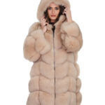 Cappotto manica lunga pelliccia volpe cappuccio 44 beige ecru lavorazione a V lungo 88 centimetri manica lunga