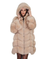 Cappotto manica lunga pelliccia volpe cappuccio 44 beige ecru lavorazione a V lungo 88 centimetri manica lunga
