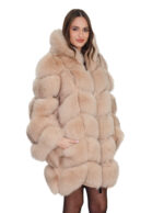 Cappotto manica lunga pelliccia volpe cappuccio 44 beige ecru lavorazione a V lungo 88 centimetri manica lunga - immagine 2