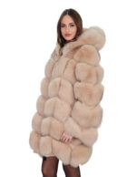 Cappotto manica lunga pelliccia volpe cappuccio 44 beige ecru lavorazione a V lungo 88 centimetri manica lunga - immagine 3
