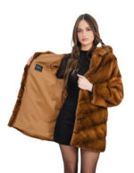 Cappotto in pelliccia di visone orizzontale a V oro gold 46 vestibilità larga cappuccio e manica lunga tasche esterne - immagine 6