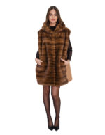 Gilet visone e cashmere demi e marrone chiaro 64 cappuccio chiusura ganci manica lunga molto caldo - immagine 4