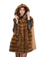 Gilet visone e cashmere demi e marrone chiaro 64 cappuccio chiusura ganci manica lunga molto caldo