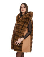 Gilet visone e cashmere demi e marrone chiaro 64 cappuccio chiusura ganci manica lunga molto caldo - immagine 3
