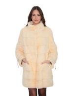 Cappotto orizzontale vaniglia pelliccia visone 48 manica lunga con coulisse collo pistagna 84 centimetri